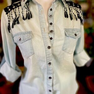Chic Light Blue Denim Shirt with Black Embellishments